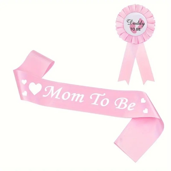 Pink Mom To Be Sash and Daddy To Be Badge - Picture 1 of 2
